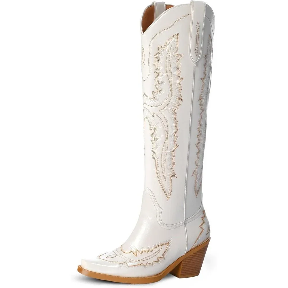 Women White Faux Leather Knee High Cowgirl Boots with Pointed Toe Block Heel